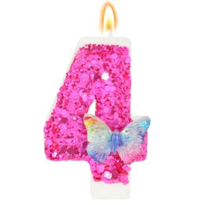 idijoli butterfly number 4 candles glitter hot pink birthday candles for cake topper with sequins for anniversary celebrations supplies (number 4)