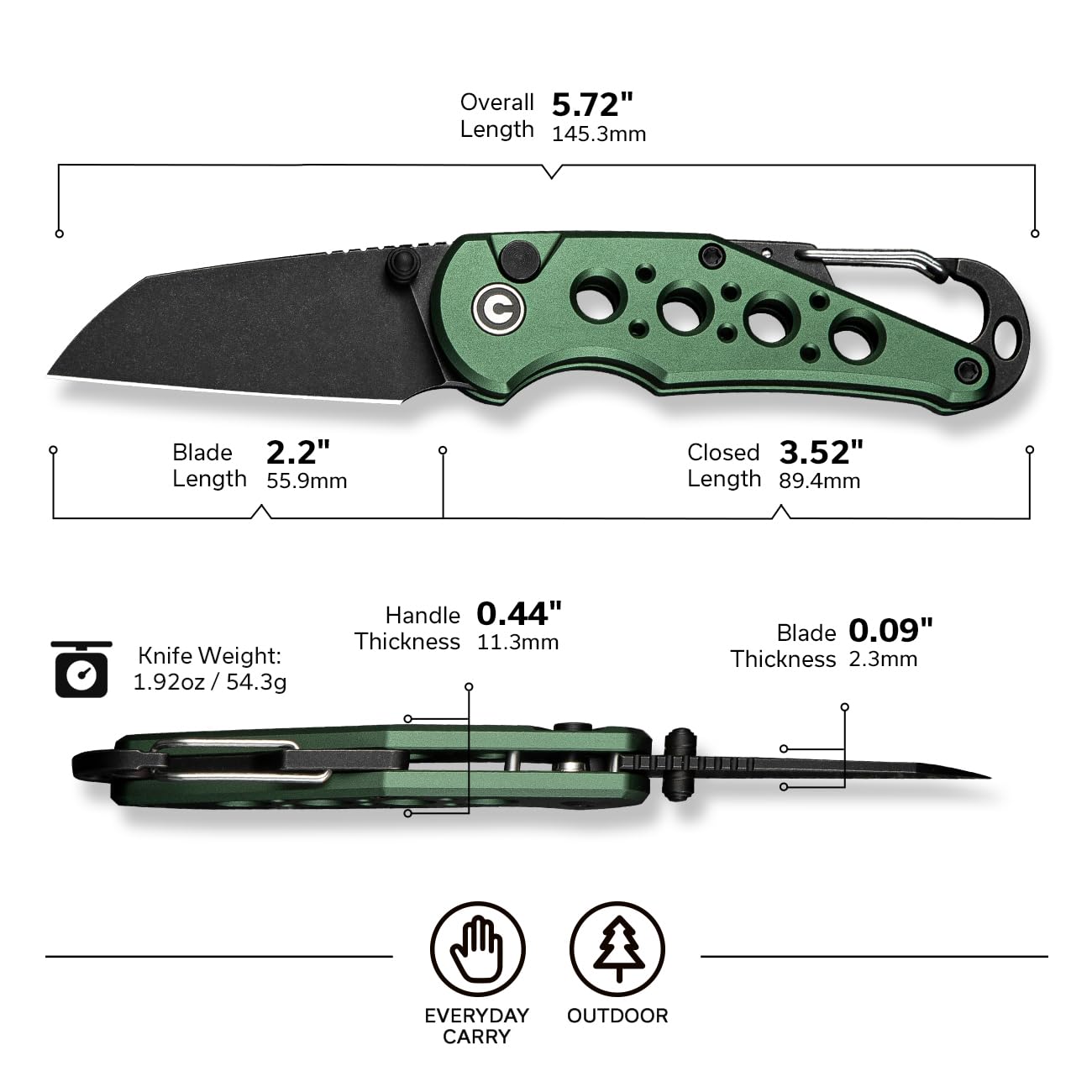 CIVIVI Pragma Folding Knife, Pocket Knife Multitool with EDC Carabiner, Bottle Opener, 2.2" Nitro-V Blade Aluminum Handle, Ideal Gift for Men Women C23062B-3 (Green)