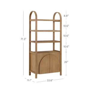 Nathan James Iris 3 Tier Bookshelf, Arched Bookcase Cabinet, Solid Wood Bookcase with Cabinet Base, Boho Bookshelf in Unbrushed Light Brown Finish