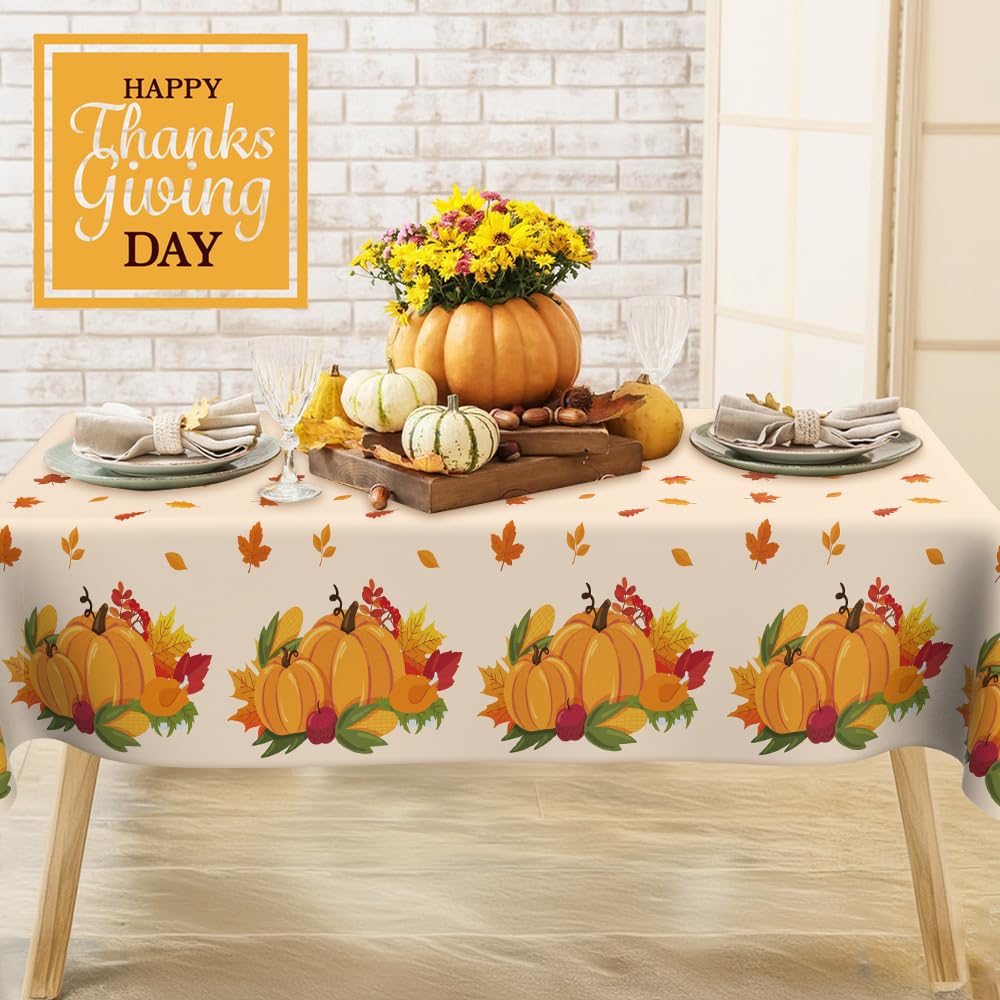 Thanksgiving Tablecloth Disposable, Fall Tablecloth, 2 PCS Friendsgiving Tablecloth, Plastic Autumn Pumpkins Maple Leaves Harvest Table Cover for Thanksgiving Party Decorations Table Decor, 54”x108”