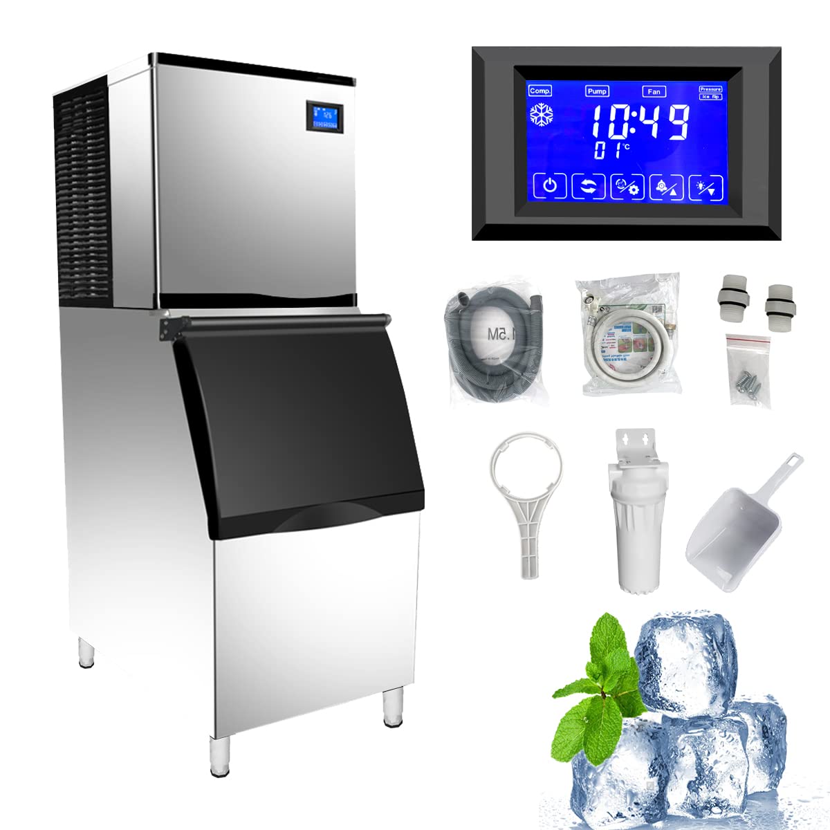 CMICE Commercial Ice Machine Maker, 350 Lbs/24H Industrial Ice Maker Machine with 308 Lbs Ice Storage, Vertical Ice Machine, Air Cooled Stainless Steel Ice Cube Maker for Bar/Cafe/Restaurant/Business