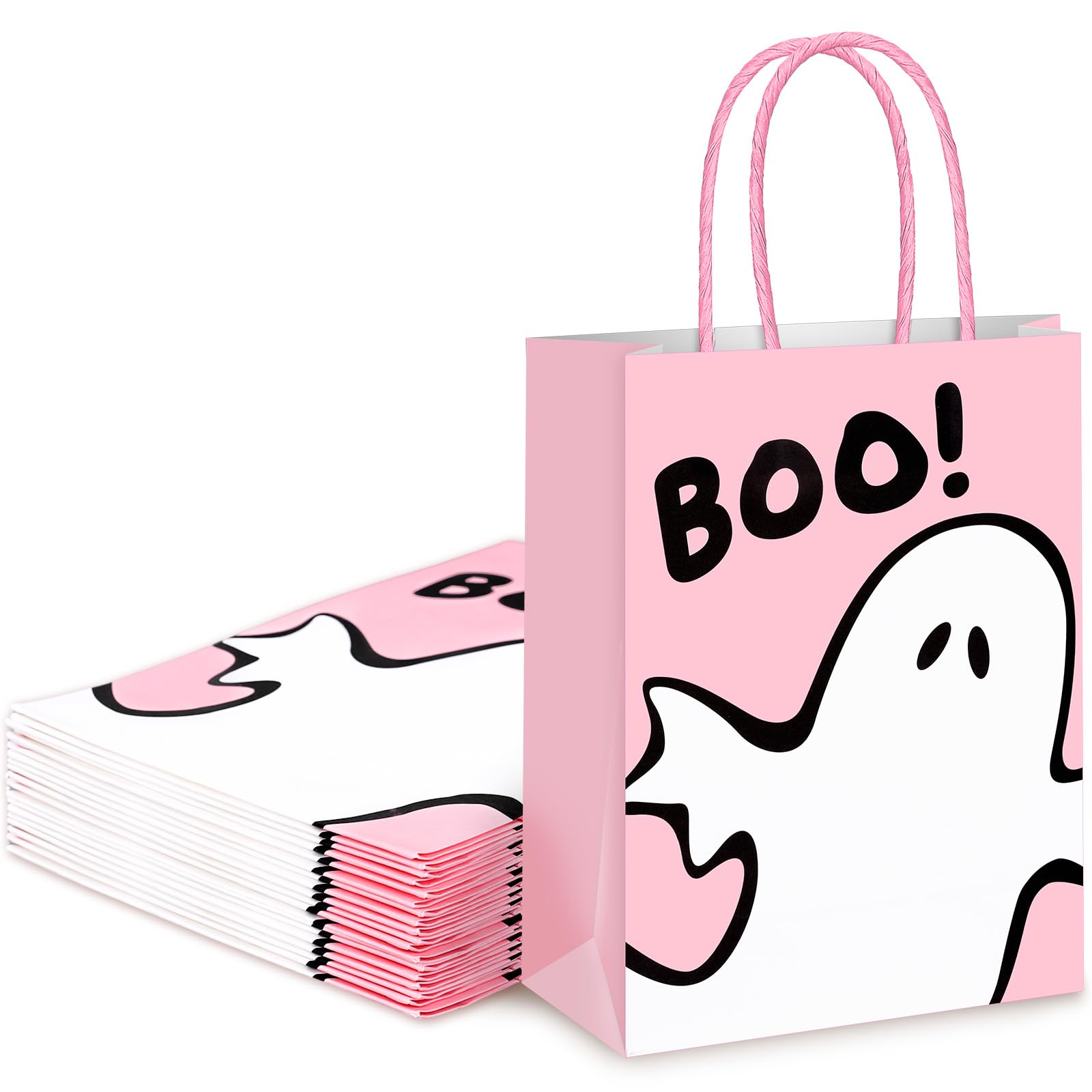 JarThenaAMCS 24Pcs Halloween Paper Gift Bags Ghost Boo Pink with Handles Party Favor Bags Kraft Candy Goodie Treat Bags for Halloween Birthday Party Favors Supplies 8.3 Inch