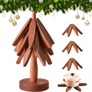 Generic Wooden Tree Trivet Set Coaster, Christmas Trivet,Tree Shape trivets for hot pots and Pans 3 Wooden Trivet + 1 Stand (Walnut Color)