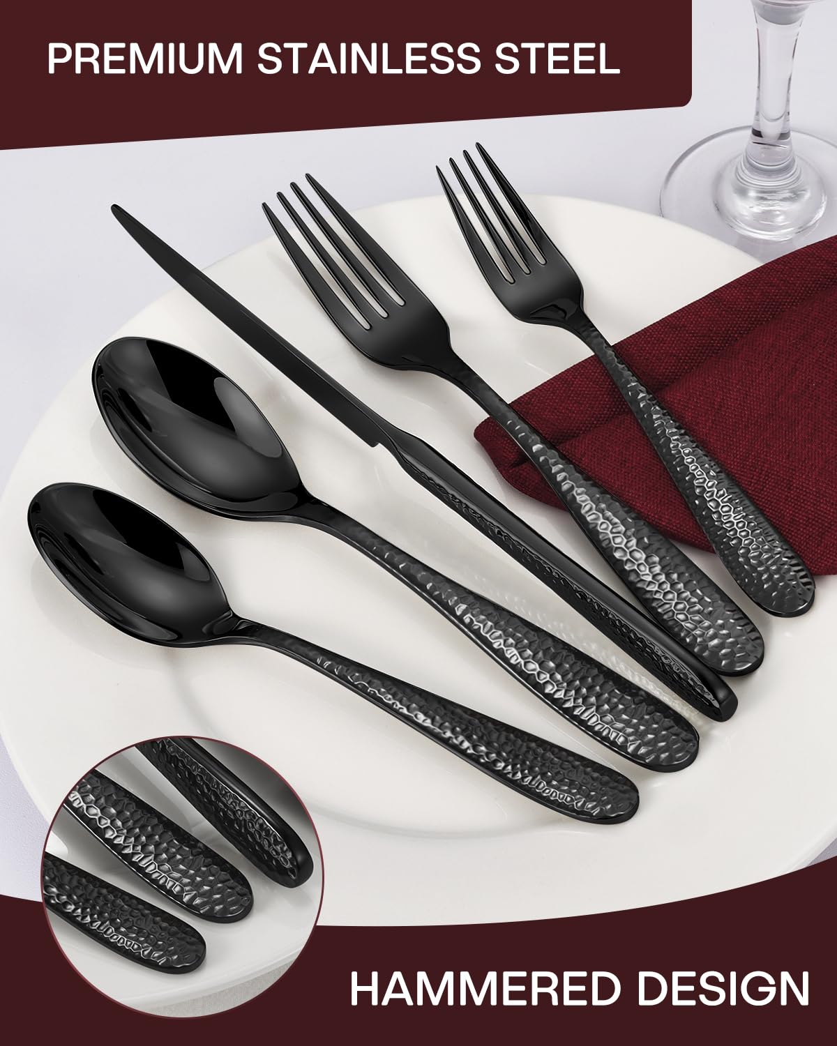 Hammered Black Silverware Set, EUIRIO 40-Piece Flatware Set for 8, Heavy Duty Stainless Steel Cutlery Set, Food-Grade Utensil Sets Includes Spoons Forks and Knives, Mirror Finish Dishwasher Safe