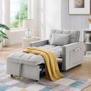 GEEVIVO 35-inch Futon Sofa Chair with Pull Out Bed, Modern Tufted Velvet 3 in 1 Convertible Sleeper Sofa Chair with a Pillow for Small Space, Living Room, Apartment, Bedroom, Grey