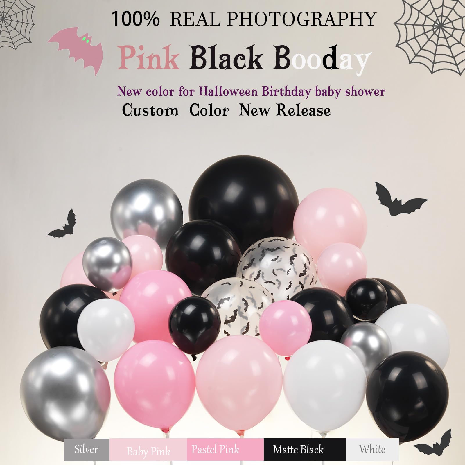 Pink Black Silver White Halloween Balloon Garland Kit 130Pcs With Starburst Ghost balloon and wizard Hat for Girl baby shower Happy boo day spooky one Birthday Party Decoration