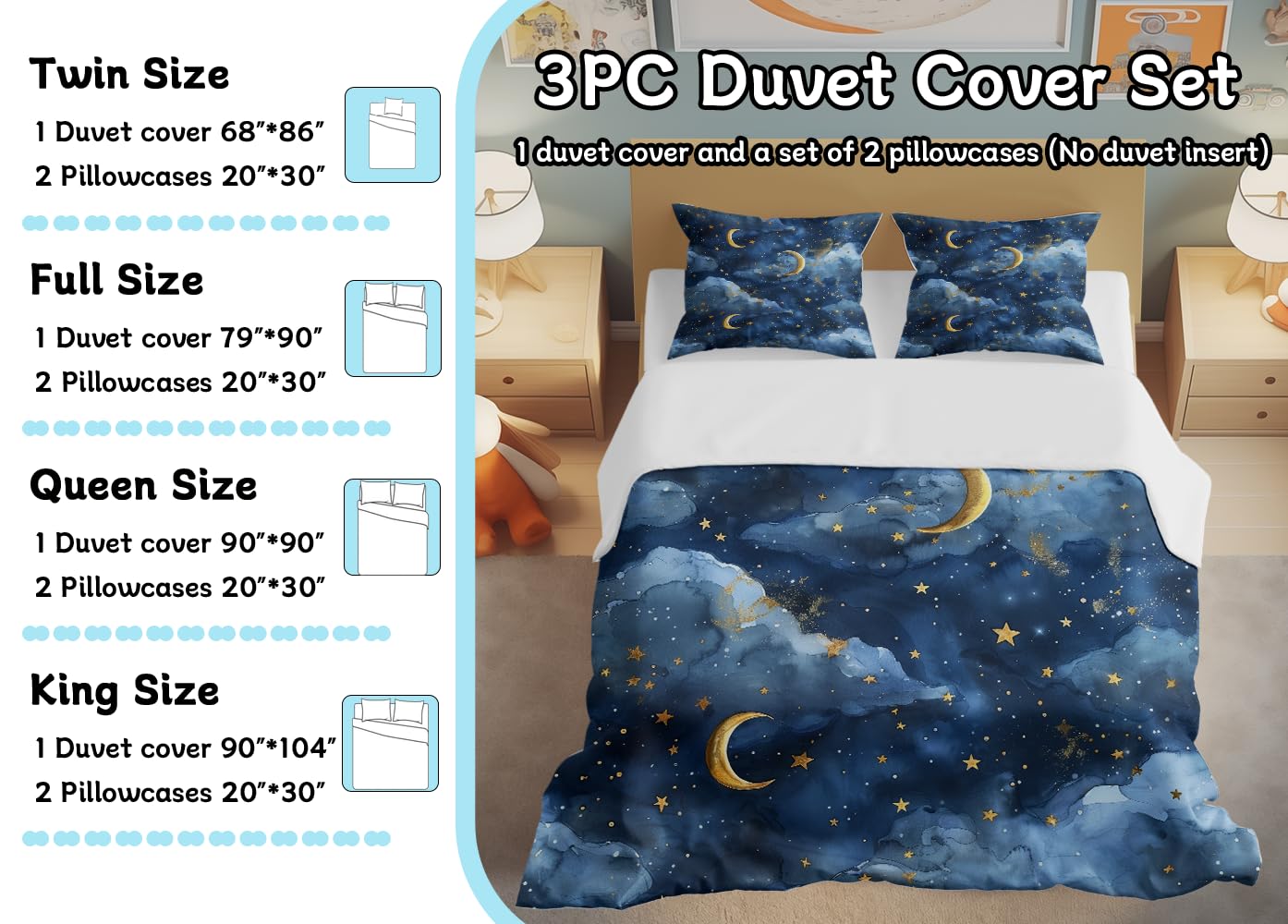 Lokaluo Moon Duvet Cover Queen Size 3D Printed Moon Stars Duvet Cover Set Clouds Space Galaxy Bedding Set Bedroom Decor 3 Pcs Comforter Cover with 2 Pillowcases