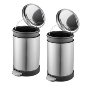 QUALIAZERO 6L / 1.6 Gallon Stainless Steel Step-On Bathroom Trash Can, Round Shape, Pack of 2, Starter Set (Stainless Steel)