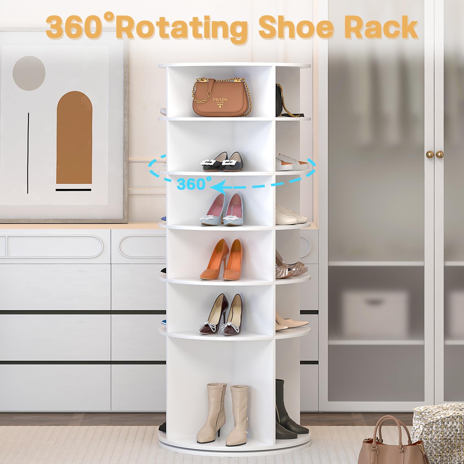 Wodeer 6 Tier 360° Rotating Shoe Rack Tower,Spinning Shoe Storage Organizer,Spinning Shoe Display,Round Shoe Rack for Entryway,Hallway,Living Room,White