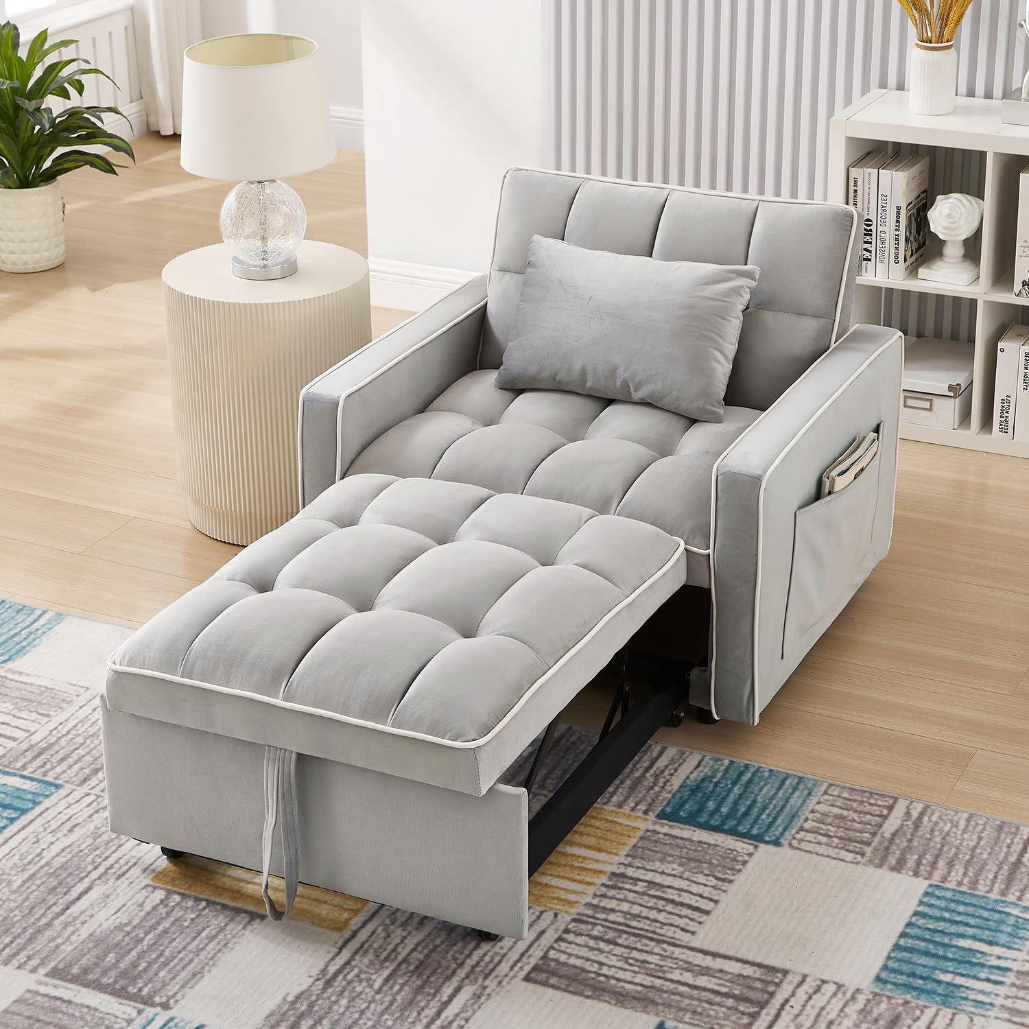 GEEVIVO 35-inch Futon Sofa Chair with Pull Out Bed, Modern Tufted Velvet 3 in 1 Convertible Sleeper Sofa Chair with a Pillow for Small Space, Living Room, Apartment, Bedroom, Grey