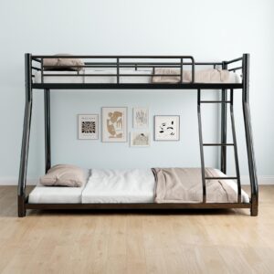 QSOSTNS Metal Bunk Bed Twin Over Full Size with Removable Stairs, Heavy Duty Sturdy Frame, Smooth Rounded Edges, No Boxspring Required, for Small Spaces, Twin-Over-Full (Black)