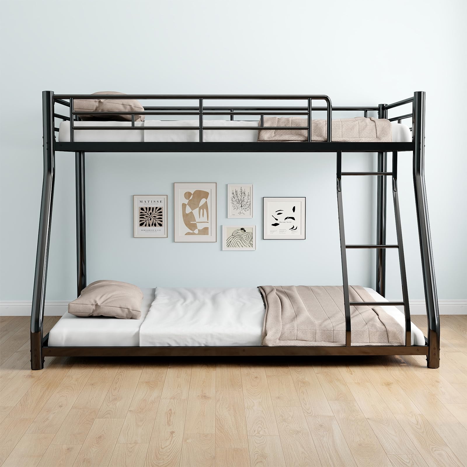 QSOSTNS Metal Bunk Bed Twin Over Full Size with Removable Stairs, Heavy Duty Sturdy Frame, Smooth Rounded Edges, No Boxspring Required, for Small Spaces, Twin-Over-Full (Black)