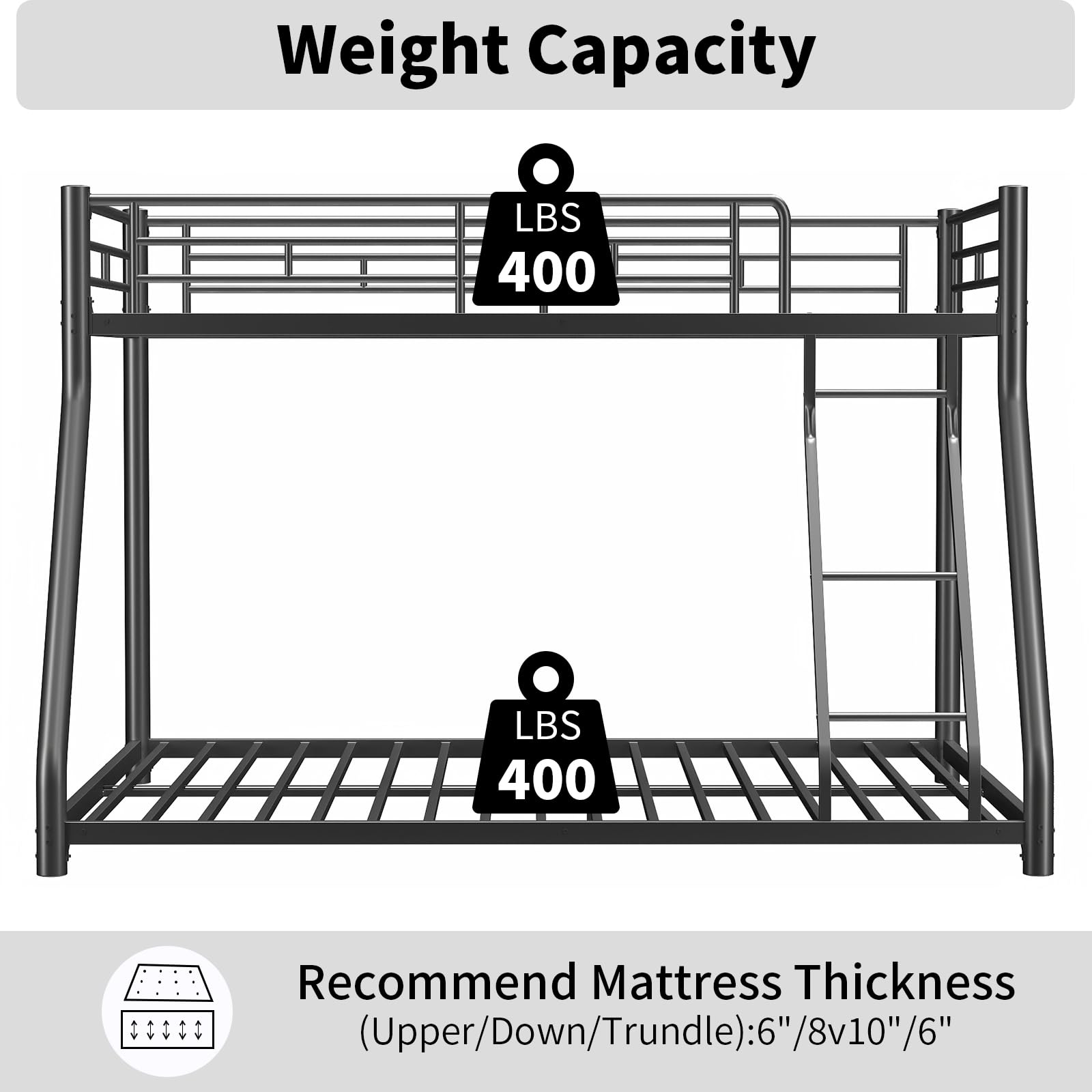 QSOSTNS Metal Bunk Bed Twin Over Full Size with Removable Stairs, Heavy Duty Sturdy Frame, Smooth Rounded Edges, No Boxspring Required, for Small Spaces, Twin-Over-Full (Black)