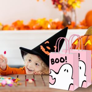 JarThenaAMCS 24Pcs Halloween Paper Gift Bags Ghost Boo Pink with Handles Party Favor Bags Kraft Candy Goodie Treat Bags for Halloween Birthday Party Favors Supplies 8.3 Inch