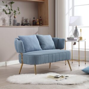 Modern Loveseat Sofa Couch,Futon Small Sofa with Gold Metal Legs, 2-Seater Upholstered Mini Love Seat Sofa Couches for Living Room Bedroom Office Balcony Studio Apartment Easy to Assemble (Light Blue)