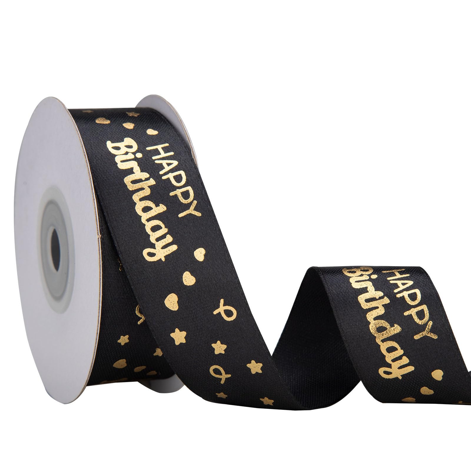 Gift Wrapping Satin Ribbon with Letter Print Happy Birthday, Black 1 Inch 25 Yards