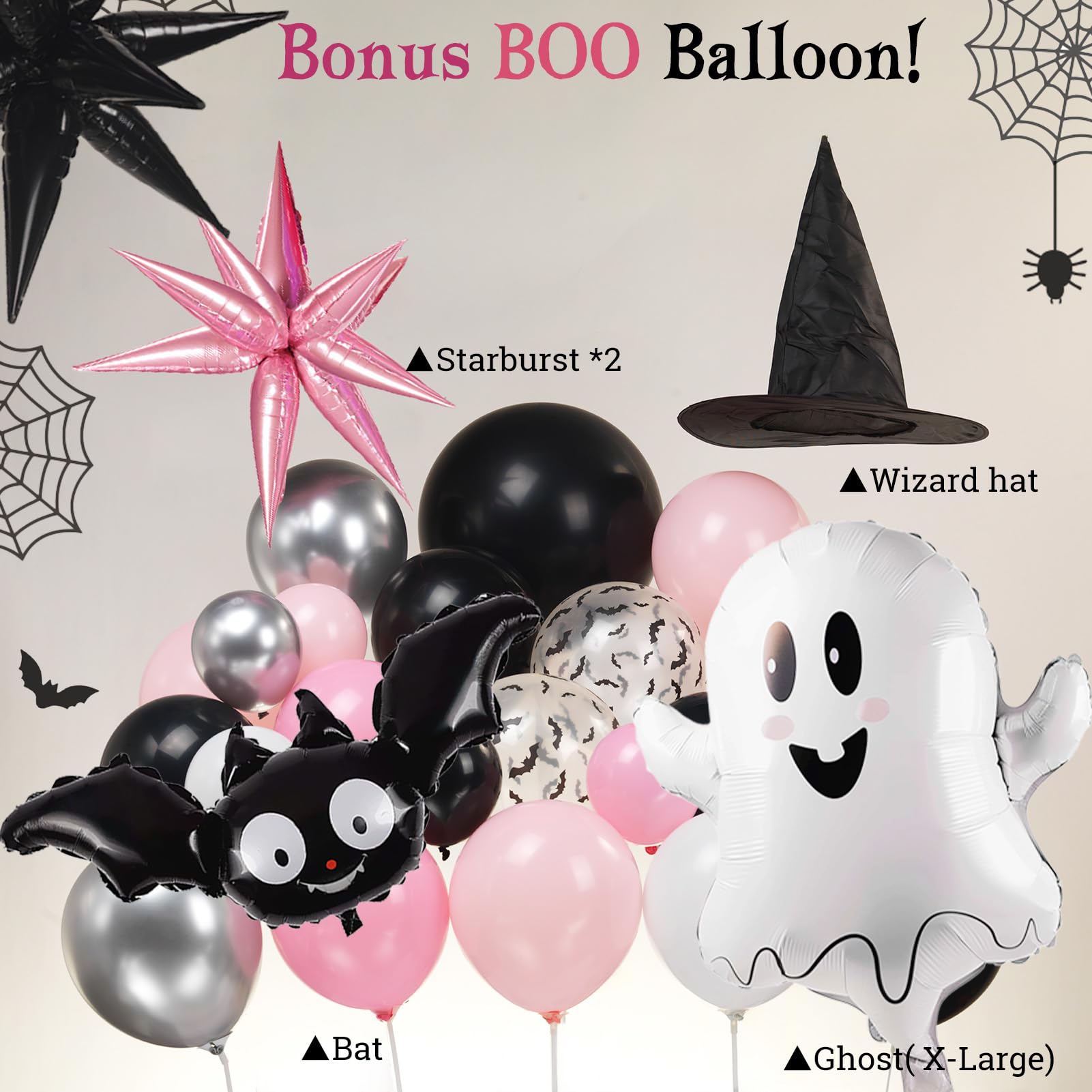 Pink Black Silver White Halloween Balloon Garland Kit 130Pcs With Starburst Ghost balloon and wizard Hat for Girl baby shower Happy boo day spooky one Birthday Party Decoration