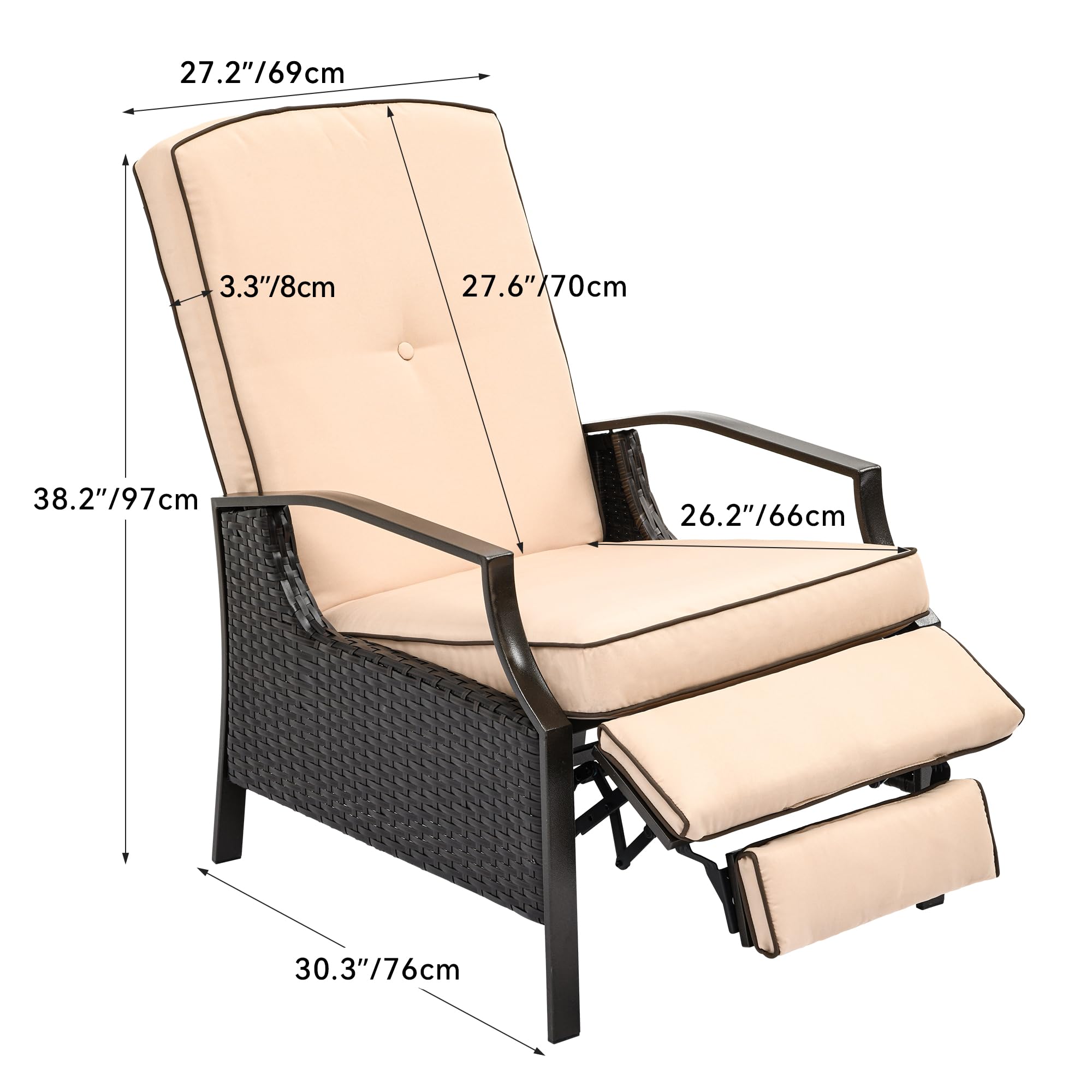 YITAHOME Patio Outdoor Recliner Chairs Set of 2 Adjustable Wicker Reclining Lounge Chairs, Dual-use Rattan Lounge Chairs with Soft Thick Cushions, Extended Footrest, Flip Back (Brown + Beige)