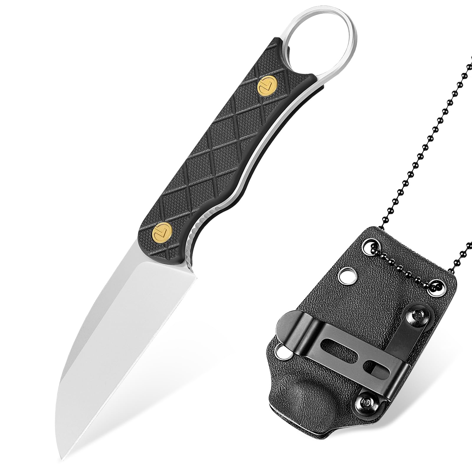 LOTHAR BEAVER Small Fixed Blade Knife, 2.48" 14C28N Neck Knife, Full Tang EDC Knife with G10 Handle and Kydex Sheath, Vertical Horizontal Carry Knife with Adjustable Belt Clip, Knife Necklace for Men Women