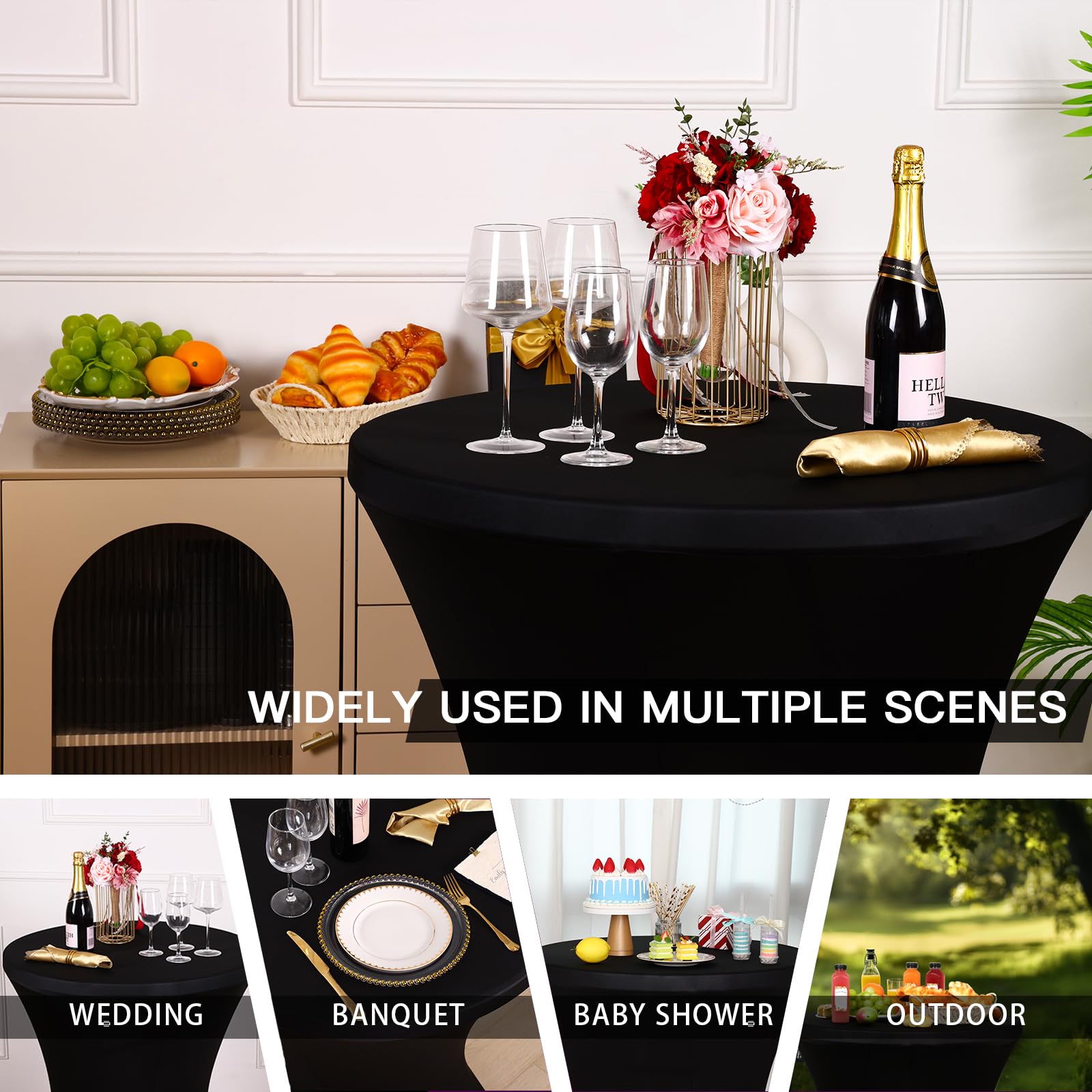 Fixwal 4 Pack Spandex Cocktail Table Covers, 32x43 Inch Black Fitted Stretch Highboy Round Cover Table Cloth for Party, Bar, Pub, Wedding, Banquet