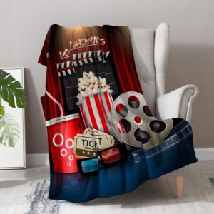 Movie Night Popcorn Gifts Blanket - Retro Movie Theater Reel Theme Throw for Adults Kids Movie Lover Actor Home Film Cinema Decor Soft Fuzzy Cozy Birthday Christmas Lightweight Blanket 50"x60"