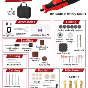 Cordless Rotary Tool Kit, 8V Cordless Die Grinder 146pcs Accessories, 32000RPM 5-Speed Multi Power Carving Tools, 2.0Ah Rechargeable Battery, for Sanding, Polishing, Engraving, Drilling, Cutting, DIY