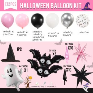 Pink Black Silver White Halloween Balloon Garland Kit 130Pcs With Starburst Ghost balloon and wizard Hat for Girl baby shower Happy boo day spooky one Birthday Party Decoration