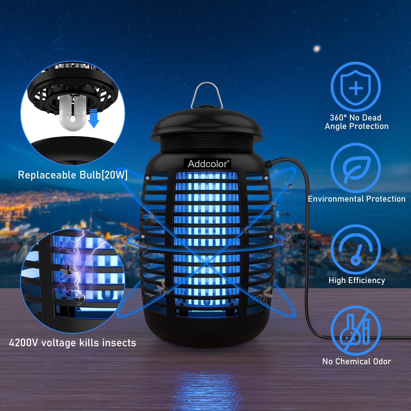 ADDCOLOR Bug Zapper, 15W Sustainable Efficient Fly Zapper Outdoor, Mosquito Zapper with LED Light, Electric Fly Zapper, Fly Traps, Mosquito Killer