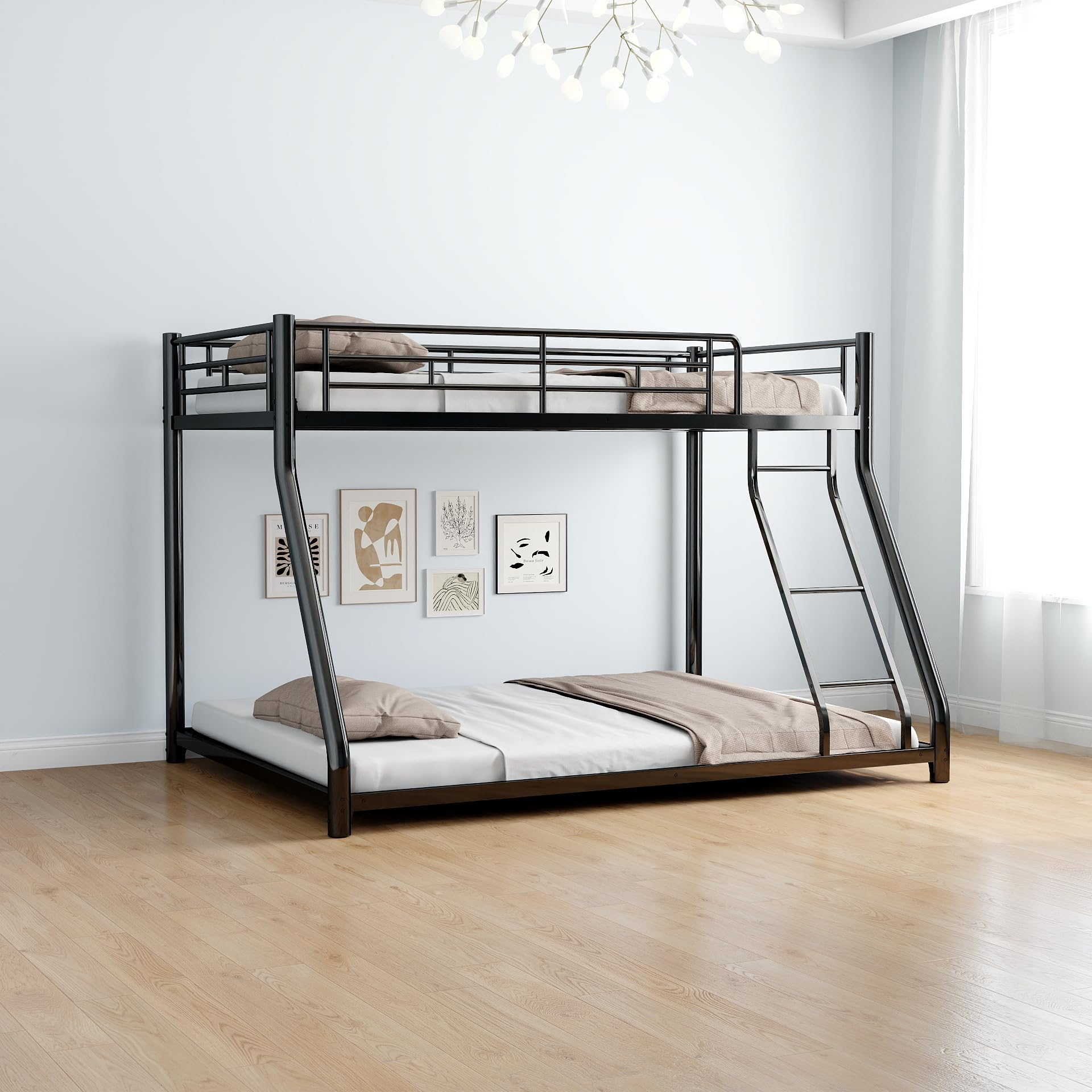 QSOSTNS Metal Bunk Bed Twin Over Full Size with Removable Stairs, Heavy Duty Sturdy Frame, Smooth Rounded Edges, No Boxspring Required, for Small Spaces, Twin-Over-Full (Black)