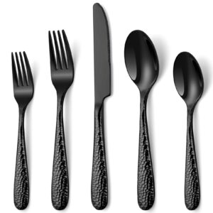 hammered black silverware set, euirio 40-piece flatware set for 8, heavy duty stainless steel cutlery set, food-grade utensil sets includes spoons forks and knives, mirror finish dishwasher safe