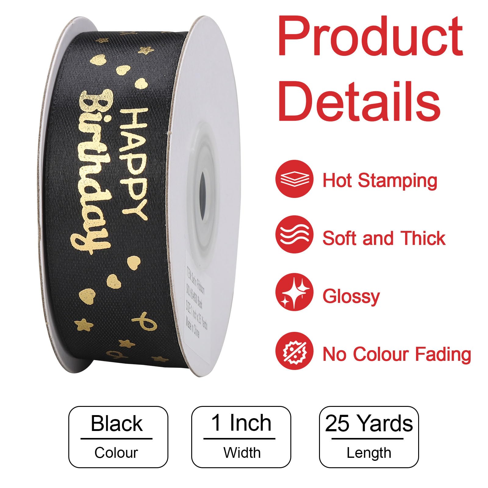 Gift Wrapping Satin Ribbon with Letter Print Happy Birthday, Black 1 Inch 25 Yards