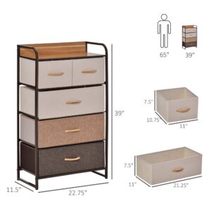 HOMCOM 5-Drawer Fabric Dresser Tower, 4-Tier Storage Organizer with Steel Frame for Hallway, Bedroom and Closet, Maple Wood