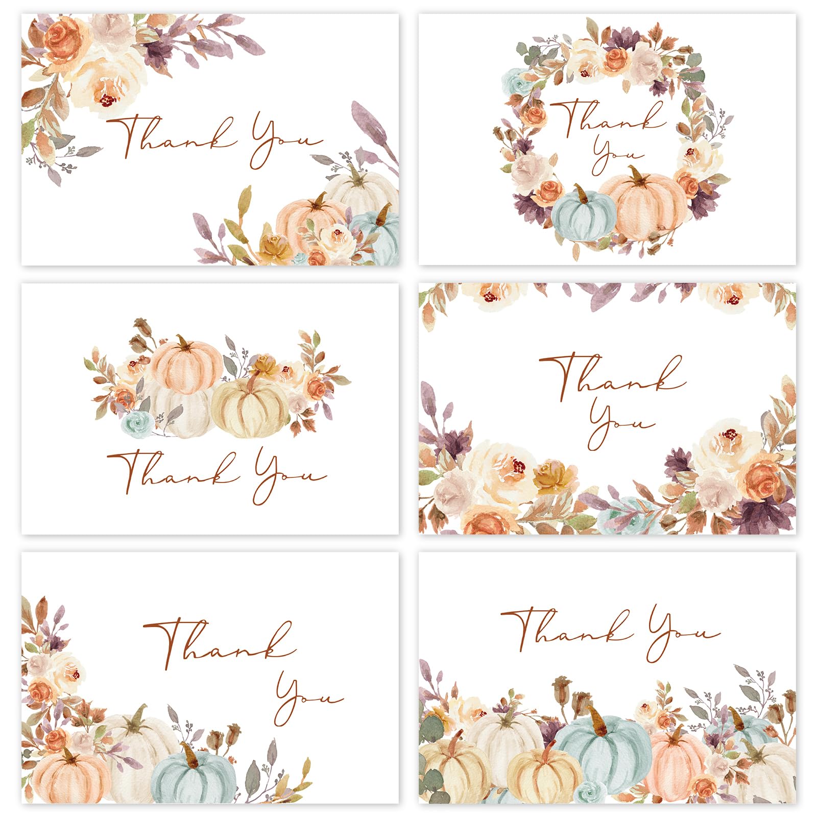 Whaline 36 Pack Fall Thank You Cards Watercolor Pumpkin Floral Greeting Cards Blank Note Cards with Envelope & Stickers for Autumn Thanksgiving Party Supplies, 4 x 6 Inch