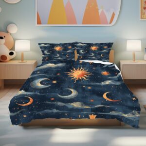 Lokaluo Moon Duvet Cover Queen Size 3D Printed Moon Sun Duvet Cover Set Stars Clouds Cosmic Sun Bedding Set Bedroom Decor 3 Pcs Comforter Cover with 2 Pillowcases