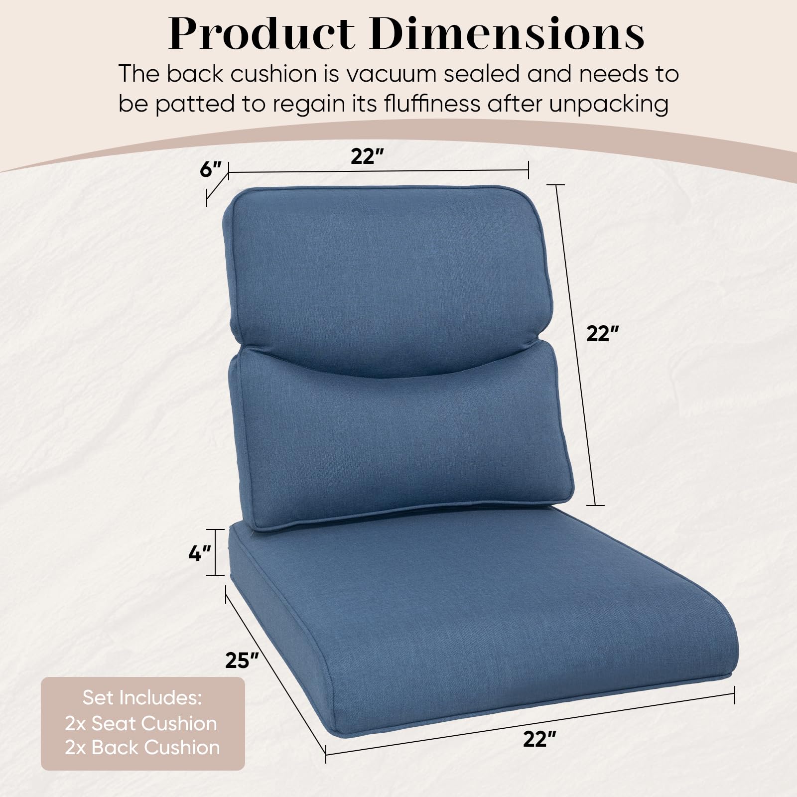 Outdoor Chair Cushions Set of 2-22 x 25 Inch Fade Resistant Patio Chair Cushions Outdoor Seat Cushions for Patio Furniture Chair Sofa Couch-Blue