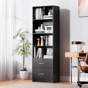 cozy castle 74.1'' bookcase with drawers, 4 shelf bookcase with adjustable shelve, 4-tier freestanding tall bookcase, black bookshelf for bedroom, living room, office, black