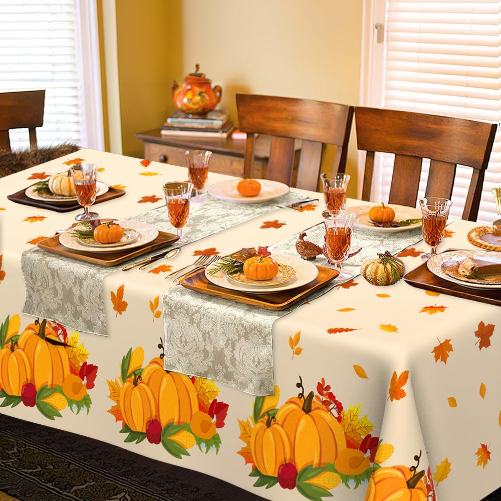 Thanksgiving Tablecloth Disposable, Fall Tablecloth, 2 PCS Friendsgiving Tablecloth, Plastic Autumn Pumpkins Maple Leaves Harvest Table Cover for Thanksgiving Party Decorations Table Decor, 54”x108”