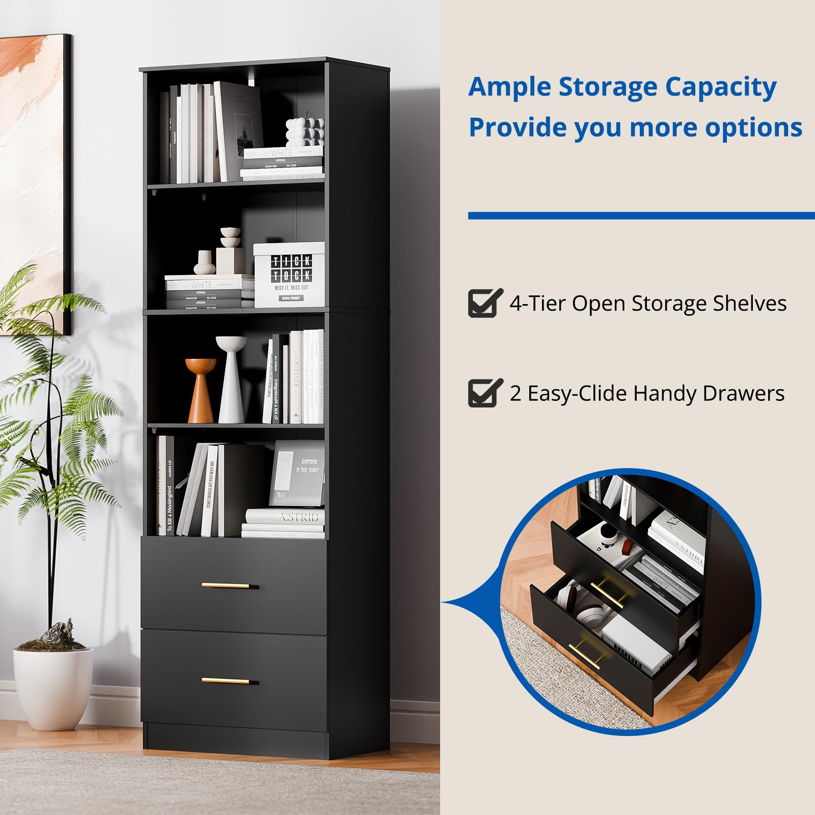 Cozy Castle 74.1'' Bookcase with Drawers, 4 Shelf Bookcase with Adjustable Shelve, 4-Tier Freestanding Tall Bookcase, Black Bookshelf for Bedroom, Living Room, Office, Black