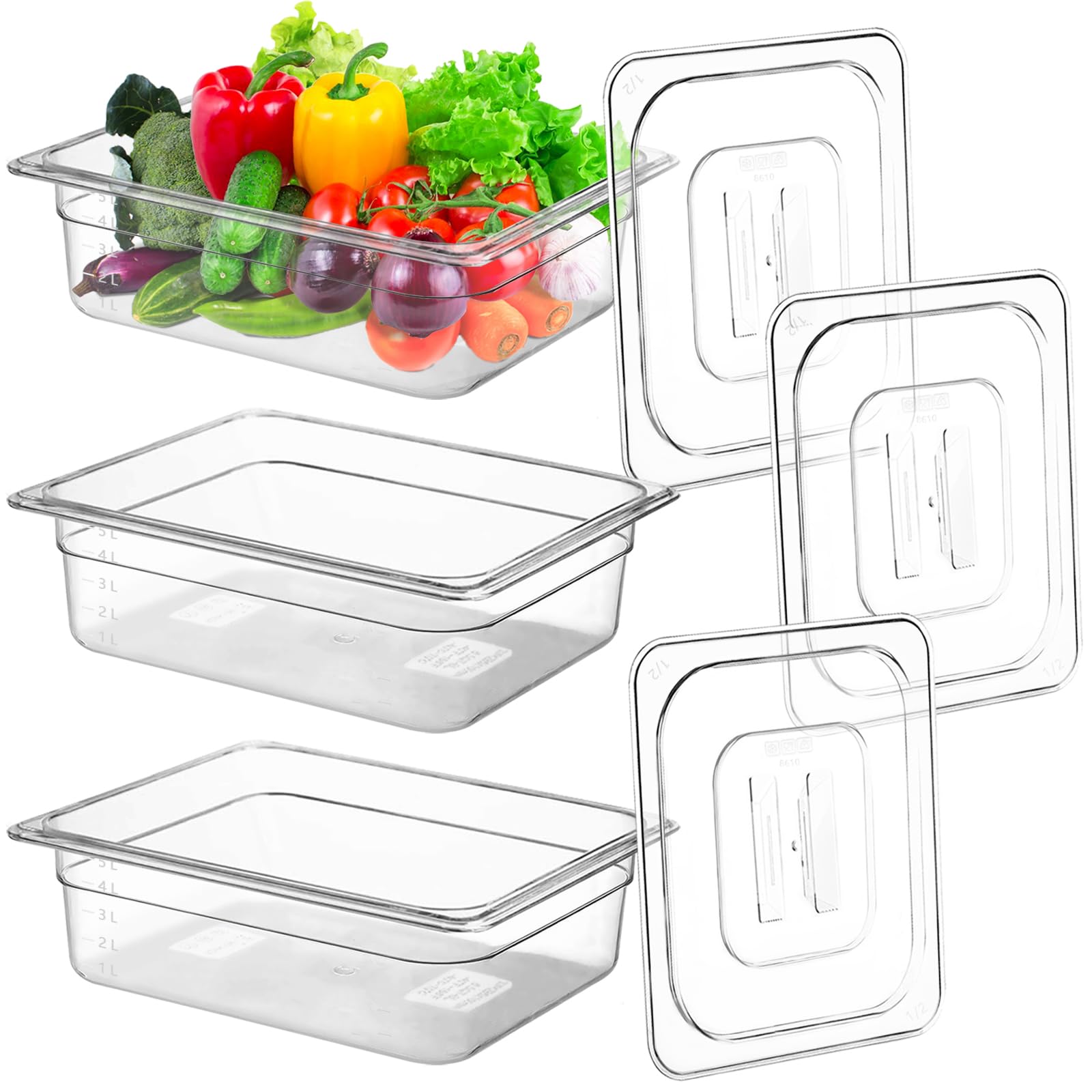 Cezoyx 3 Pack 1/2 Size Food Pans with Lids, 4 Inch Clear Food Pans, Acrylic Commercial Food Containers for Kitchen, Restaurant and Cafeterias