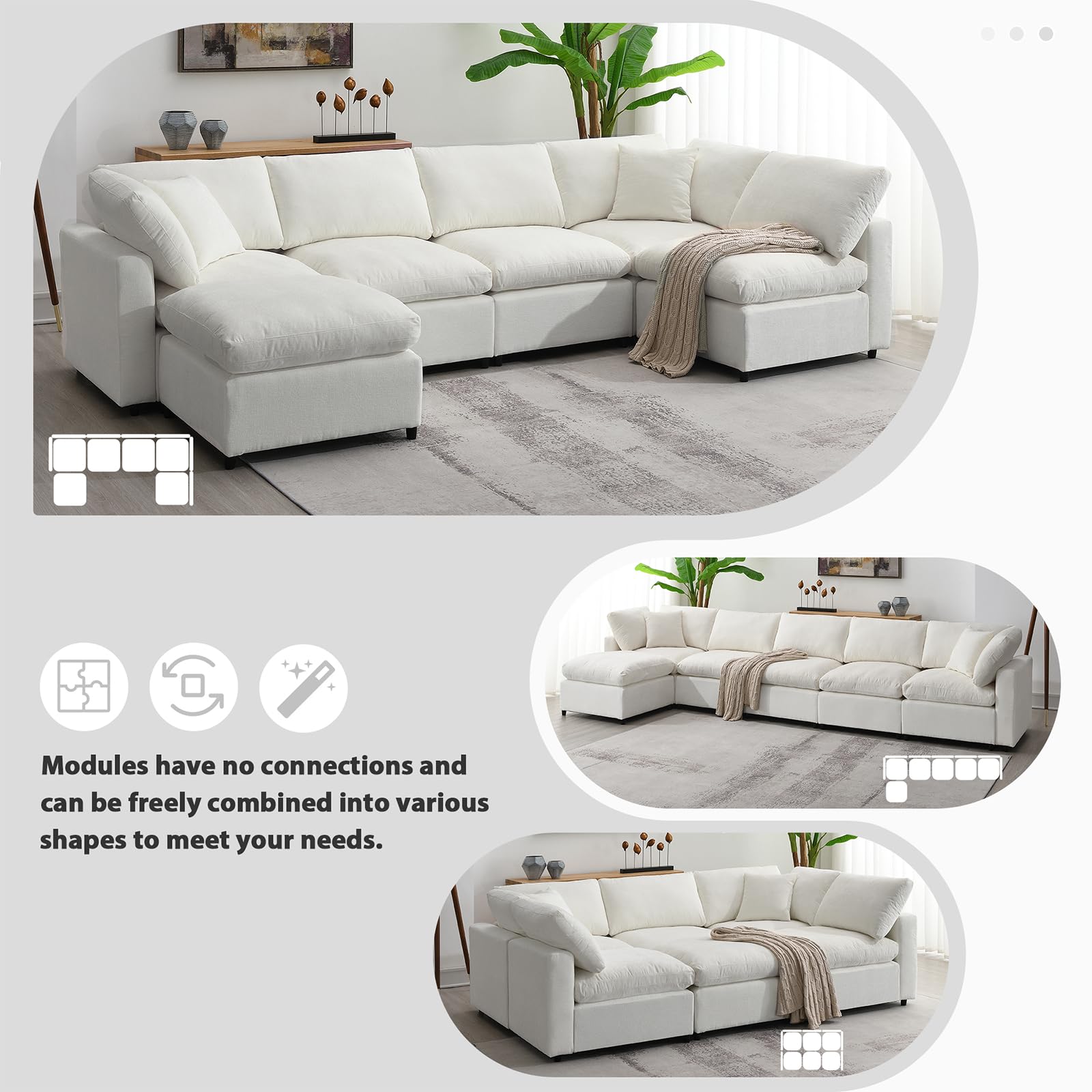 Cloud Modular Sectional Sofa, Convertible U-Shaped Sofa, 130 "Comfortable Sleeper Sofa, 6 Seater Chenille sectional Sofa Set with Ottoman, Suitable for Living Room Office Apartment (Beige)