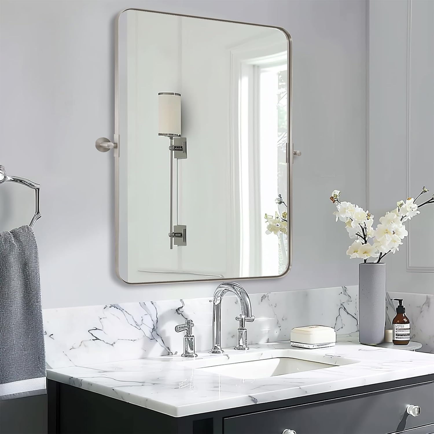 MOON MIRROR Brushed Nickel Pivot Rectangle Bathroom Mirror, Modern Tiltable Rounded Rectangular Pivoting Vanity Mirrors for Wall, Stainless Steel Metal Frame, Overall 32.33 x 36 in (Mirror 28x 36 in)