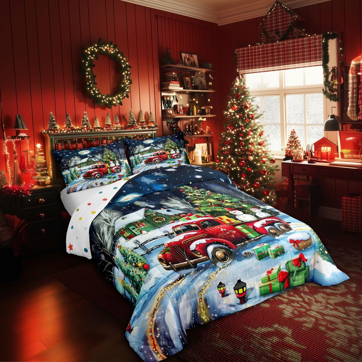 Rustic Farmhouse Xmas Comforter Set King Size,Retro Red Truck Snowman Duvet Insert for Kids Boys Girls Room Decor,Snowflake Cabin Christmas Tree Bedding Set 3Pcs,Xmas Theme Quilt Set,2 Pillowcases