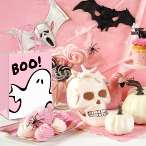 JarThenaAMCS 24Pcs Halloween Paper Gift Bags Ghost Boo Pink with Handles Party Favor Bags Kraft Candy Goodie Treat Bags for Halloween Birthday Party Favors Supplies 8.3 Inch