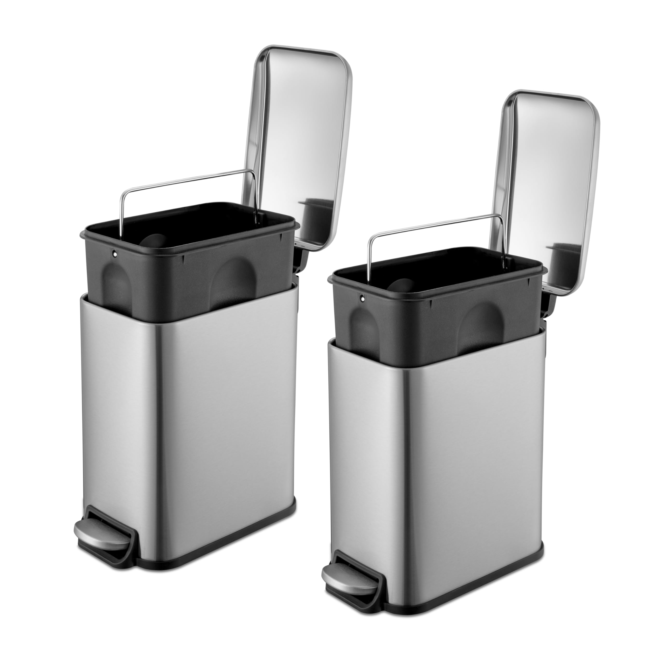 QUALIAZERO 5L / 1.3 Gallon Stainless Steel Step-On Bathroom Trash Can, Slim Shape, Pack of 2, Starter Set (Stainless Steel)