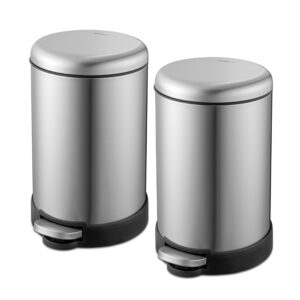 qualiazero 6l / 1.6 gallon stainless steel step-on bathroom trash can, round shape, pack of 2, starter set (stainless steel)