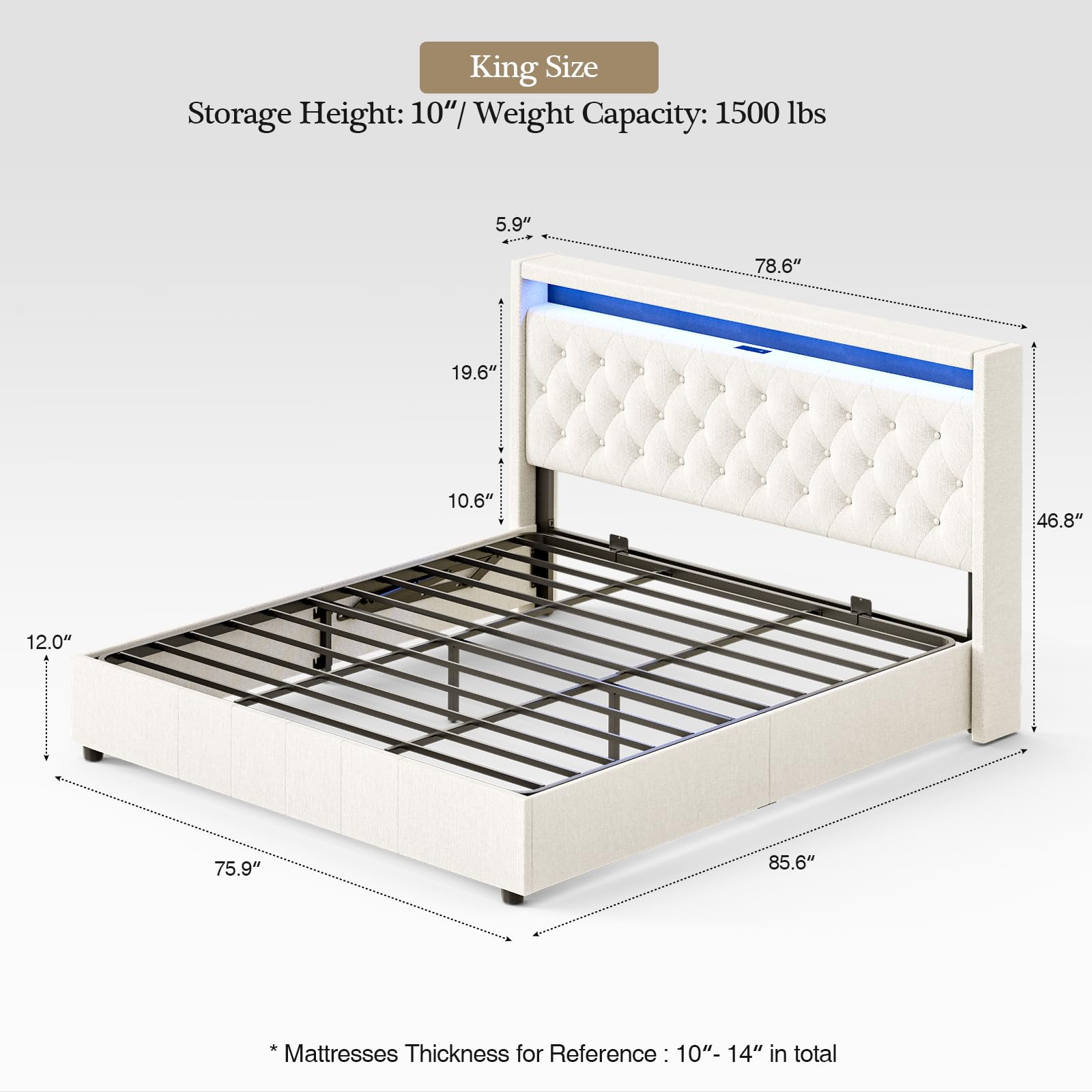 WELTOKE King Size Lift Up Storage Bed Frame, Heavy Duty King Platform BedFrame with Upholstered Tufted Headboard, Hydraulic Storage/LED Lights/Charging Station, Modern Beige