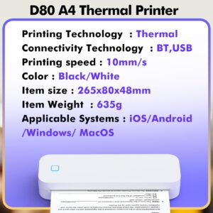 A4 Portable Thermal Transfer Printer Wireless Tattoo Transfer Printer Use with Mobile /Lap 56mm/77mm/107mm/210mm/216mm(2in/3in/4in/8in/8.5in) US Letter A5 Paper Size for Office School Compatible