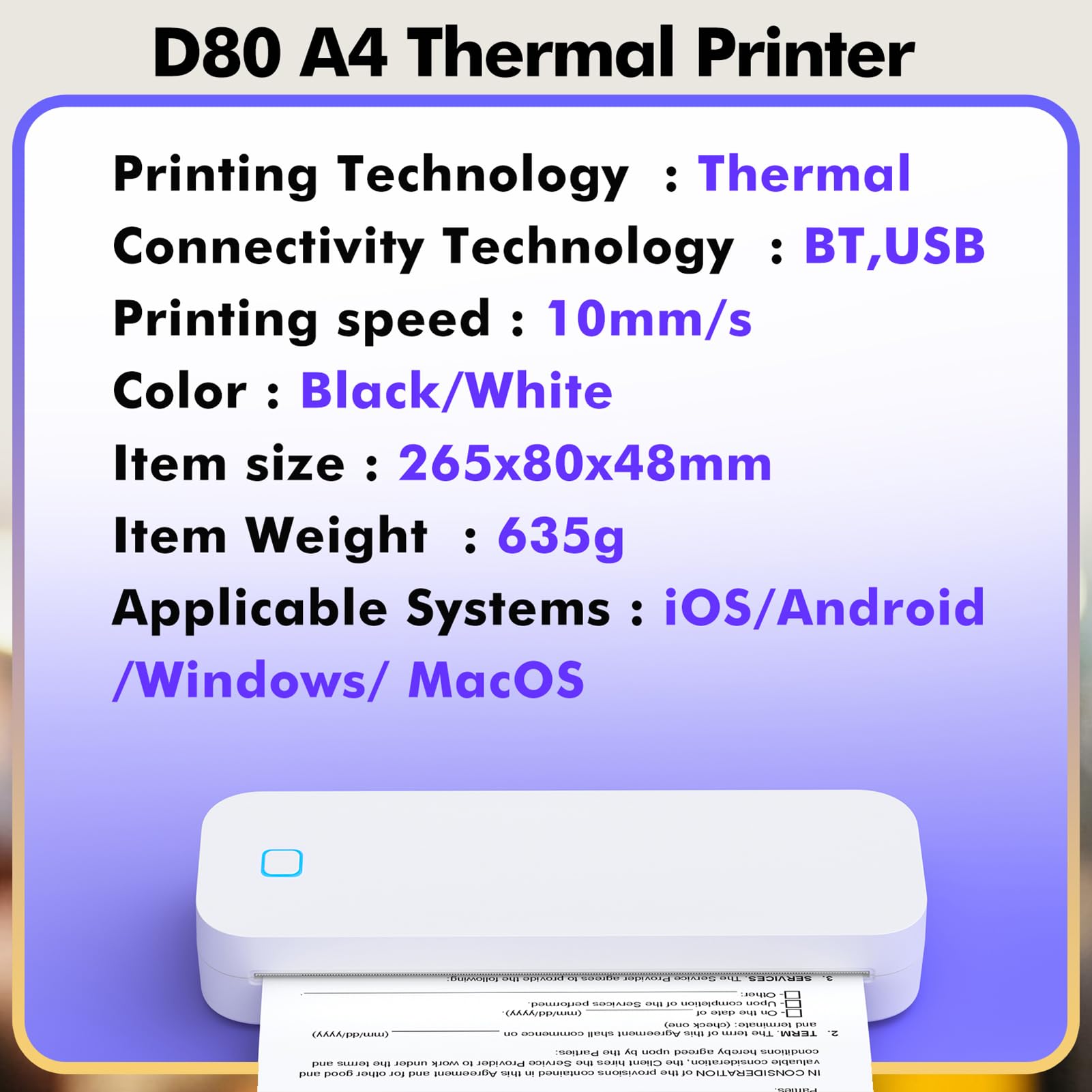 A4 Portable Thermal Transfer Printer Wireless Tattoo Transfer Printer Use with Mobile /Lap 56mm/77mm/107mm/210mm/216mm(2in/3in/4in/8in/8.5in) US Letter A5 Paper Size for Office School Compatible