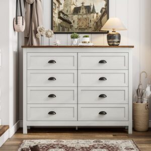 wananlanen farmhouse white dresser for bedroom, vintage 8 drawer dresser & chest of drawer with metal handle and storage, wood rustic dresser organizer for living room, hallway