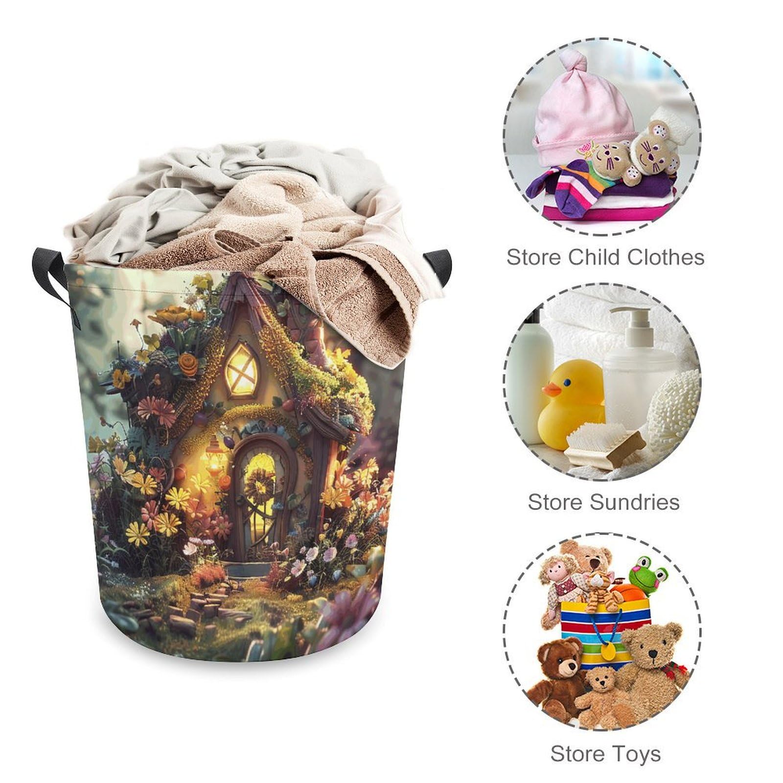 Large Laundry Basket Collapsible Laundry Hamper Waterproof Foldable Washing Bin Clothes Bag A Small Fairy Tale House Freestanding Dirty Clothes Hampers for Laundry, Bedroom, Dorm